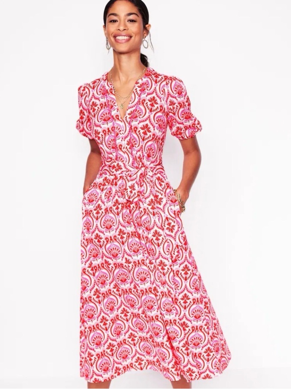 Boden Sofia Trim Jersey Midi Dress Pink Red Floral Botanical 6 Petite
